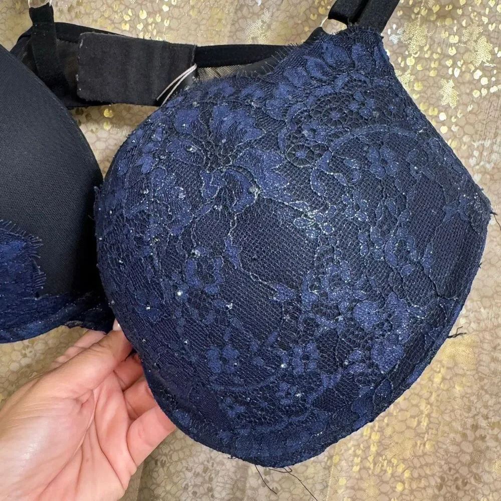 Victorias Secret Very Sexy Pushup Navy Blue Black Lace Rhinestone Bra 38DD